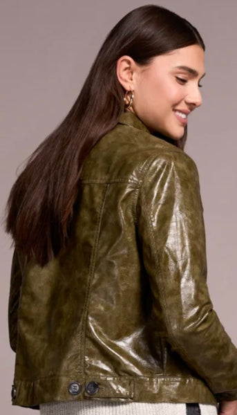 Button Front Pu Collar Accent Jacket