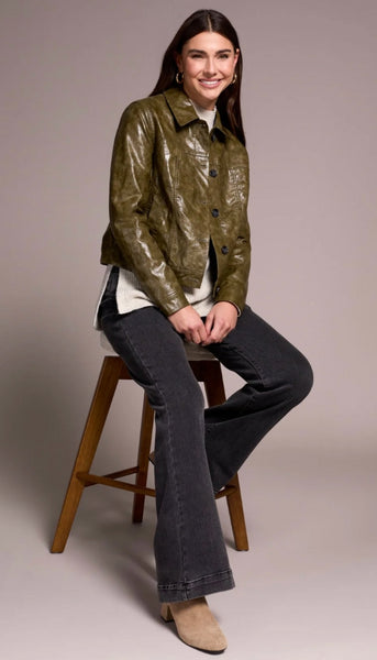 Button Front Pu Collar Accent Jacket