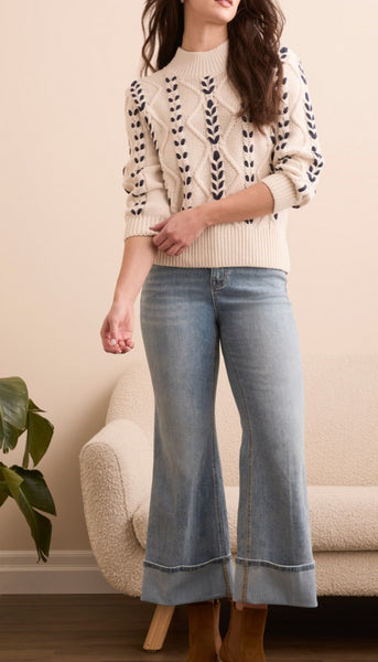 3/4 Sleeve Mock Neck With Cables