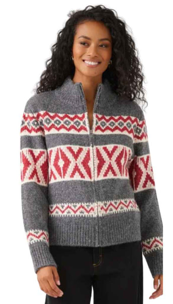 Mock Neck Jacquard Zip Sweater