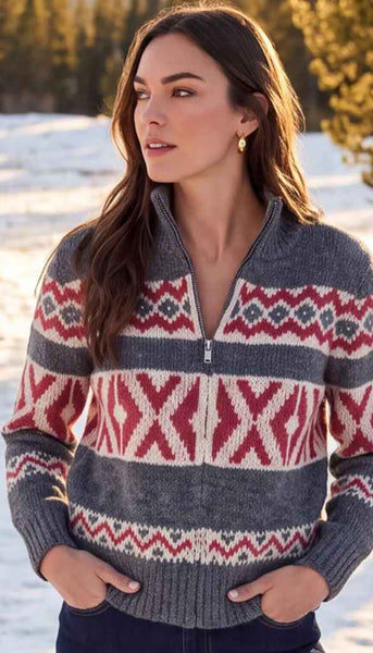 Mock Neck Jacquard Zip Sweater