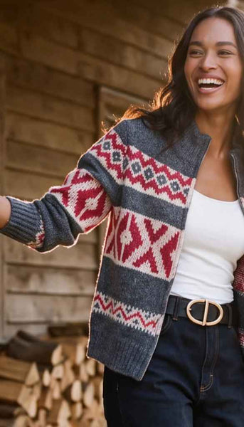 Mock Neck Jacquard Zip Sweater