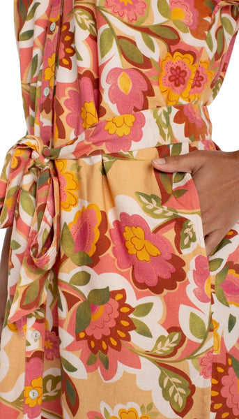 Short Sleeve Shirred Button Front Dress