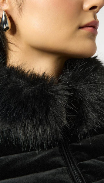 Velvet Puffer Jacket With Faux Fur