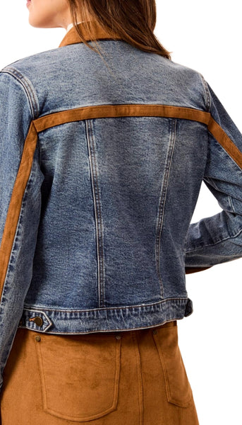 Zip Front Denim Jacket with Suede