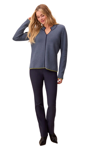 Long Sleeve Split Neck Sweater With Piping