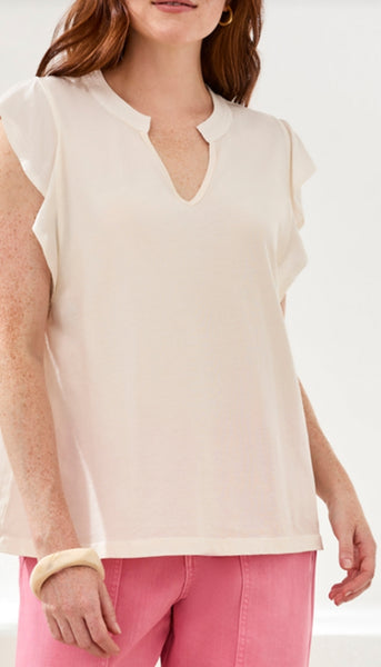 Mixed Media Ruffle Sleeve V-Neck