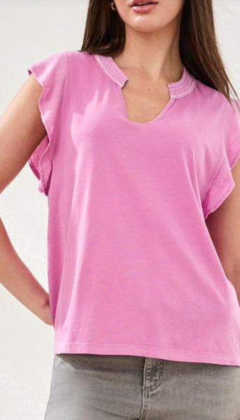 Mixed Media Ruffle Sleeve V-Neck