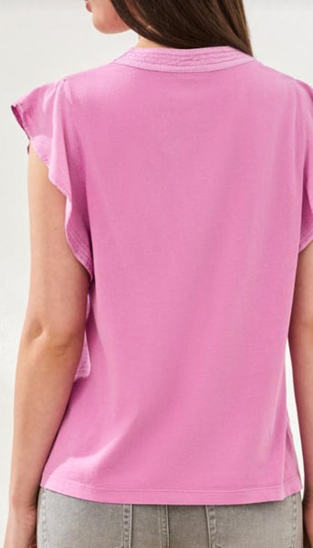 Mixed Media Ruffle Sleeve V-Neck