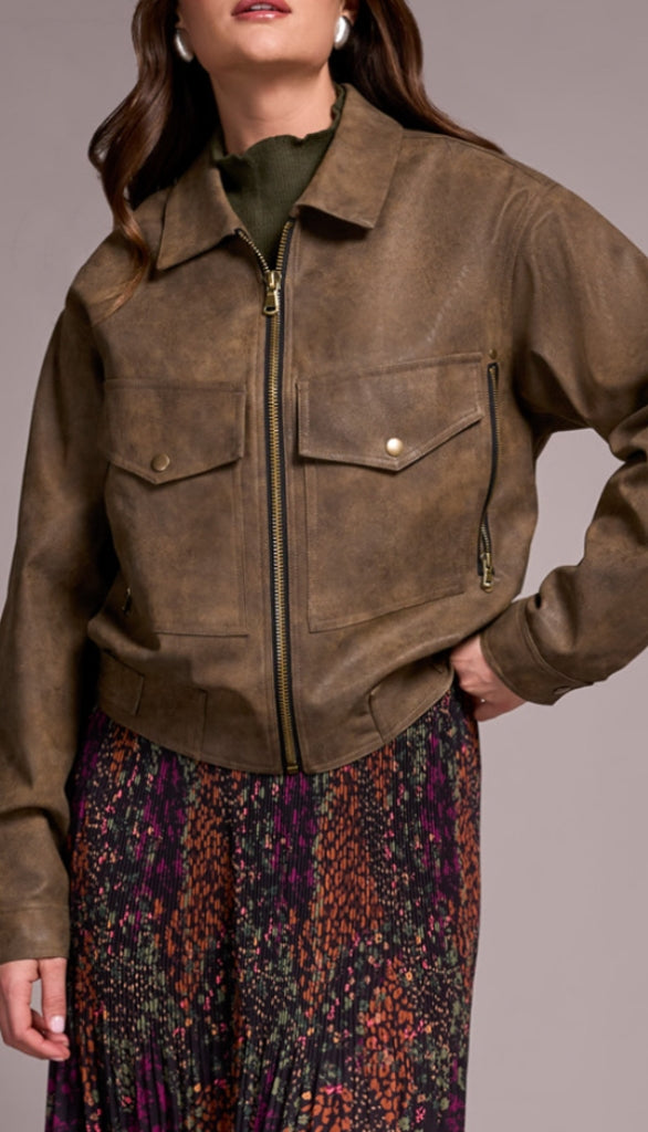 Zipped Front Side Tab PU Jacket