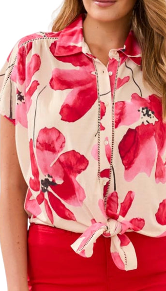 Short Sleeve Top with Buttons & Tie Front