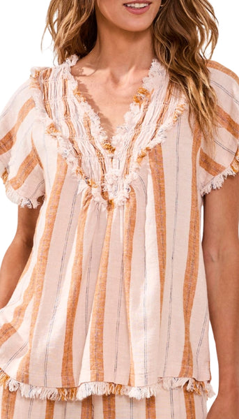 Short Sleeve Blouse With Raw Edge & Smock