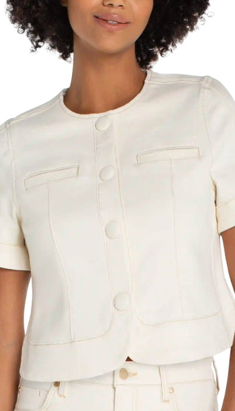 Collarless Short Sleeve Cropped Jacket