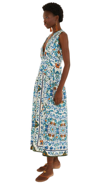 Flora Tile Off White Midi Dress
