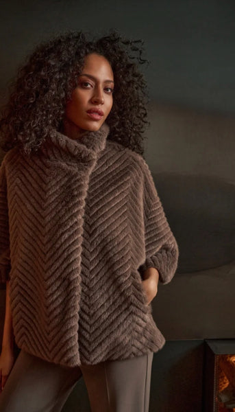 Chevron Faux Fur Cape Style Jacket
