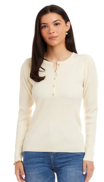 Henley Ribbed Sweater with Crystal Buttons