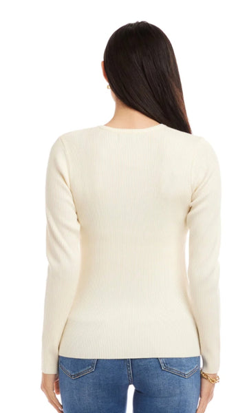 Henley Ribbed Sweater with Crystal Buttons