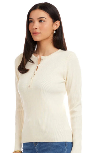 Henley Ribbed Sweater with Crystal Buttons