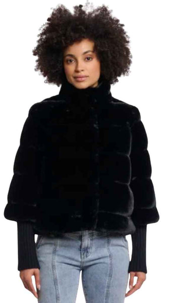 Faux Fur Jacket With Knitted Sleeve