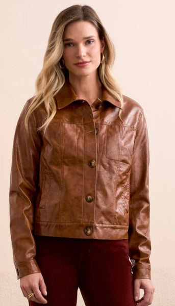 Button Front Pu Collar Accent Jacket