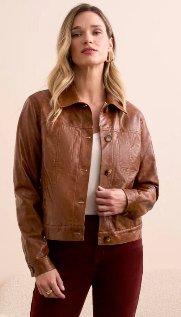 Button Front Pu Collar Accent Jacket