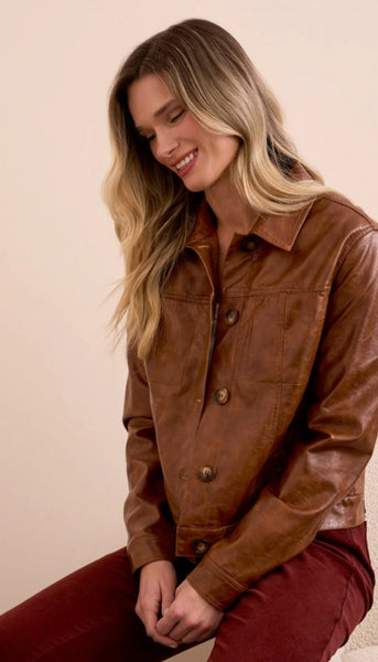 Button Front Pu Collar Accent Jacket