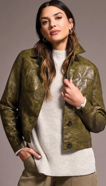 Button Front Pu Collar Accent Jacket