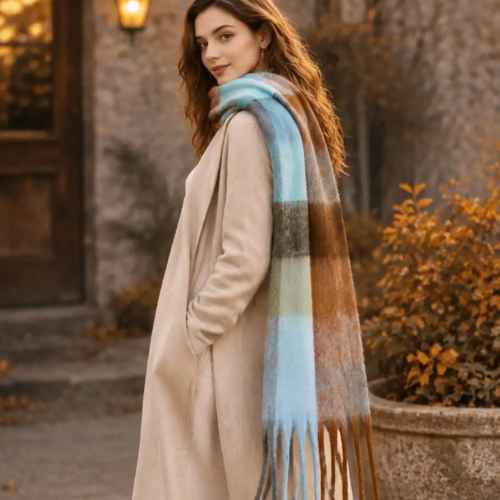 Over sized cozy long fringe scarf - Blue Grey