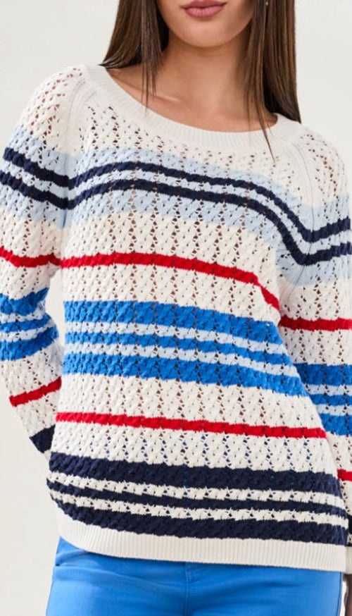 3/4 Sleeve Crew Neck Sweater With Cable