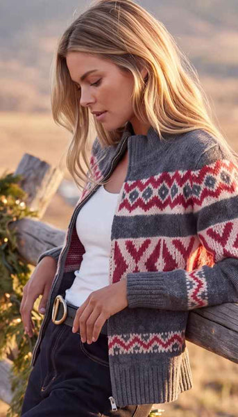 Mock Neck Jacquard Zip Sweater