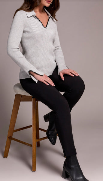 Long Sleeve Polo Sweater With Blanket Stitch Collar