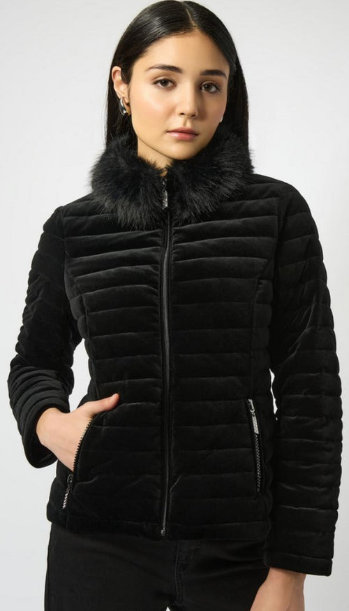 Velvet Puffer Jacket With Faux Fur