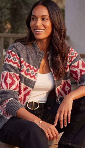 Mock Neck Jacquard Zip Sweater