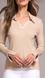 Long Sleeve Polo Sweater With Blanket Stitch Collar