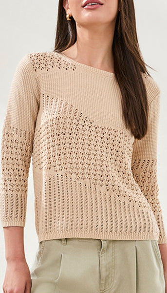 Crew Neck 3/4 Sleeve Textured Sweater