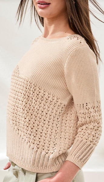 Crew Neck 3/4 Sleeve Textured Sweater