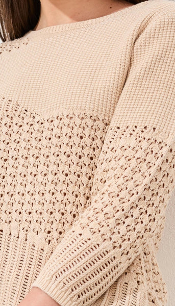Crew Neck 3/4 Sleeve Textured Sweater