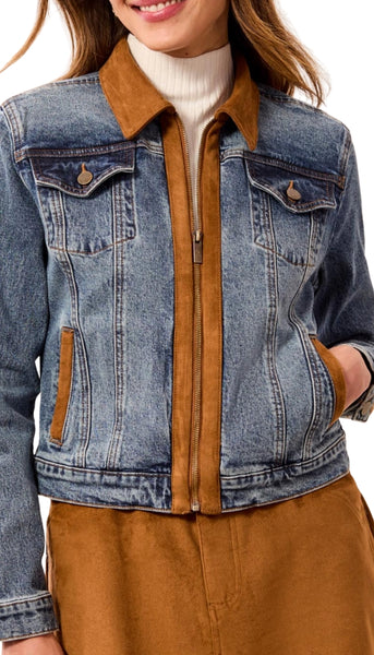 Zip Front Denim Jacket with Suede