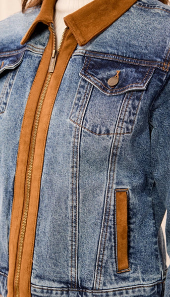 Zip Front Denim Jacket with Suede