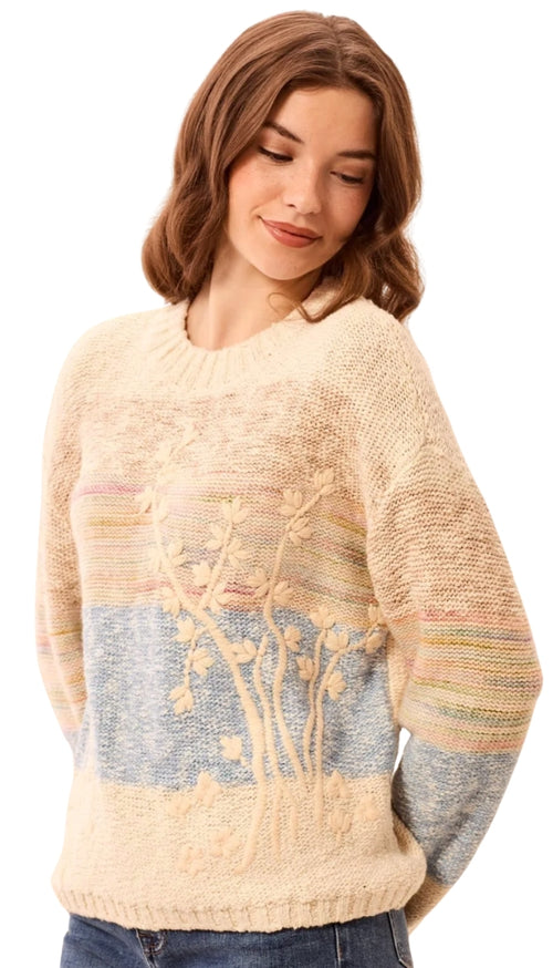 Long Sleeve Crew Neck Sweater With Embroidered Detail