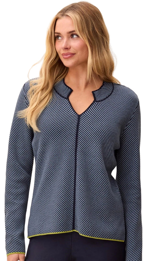 Long Sleeve Split Neck Sweater With Piping