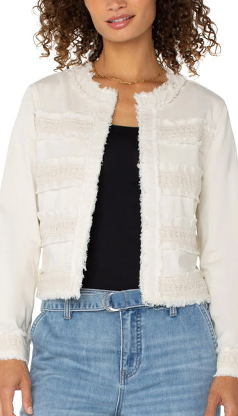 Collarless Jacket with Fray & Lace