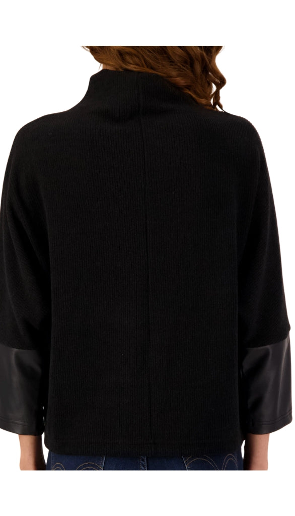 Funnel Neck Sweater With Leather Cuff