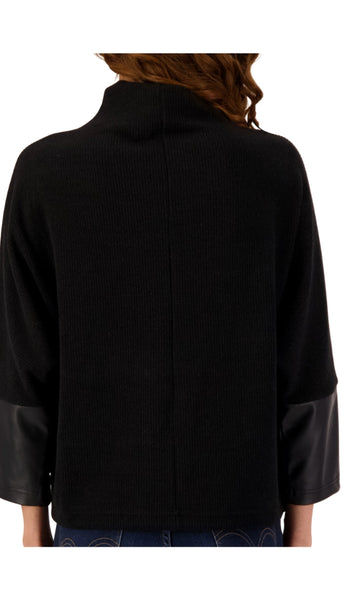 Funnel Neck Sweater With Leather Cuff