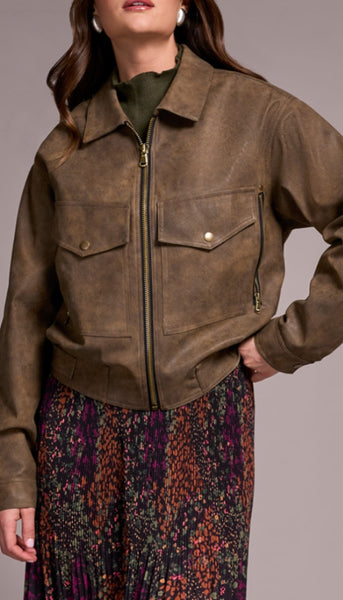 Zipped Front Side Tab PU Jacket
