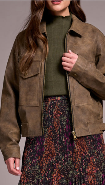 Zipped Front Side Tab PU Jacket