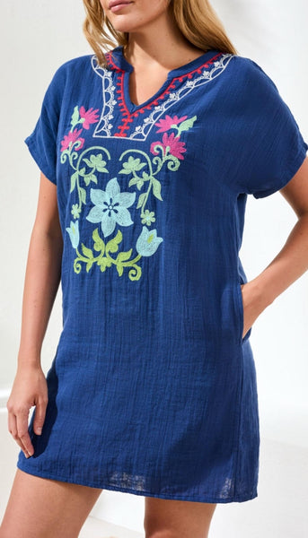 Short Sleeve Tunic Dress With Embroidery