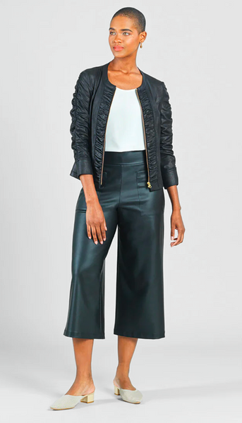 Liquid Leather Ruched Zip 3/4 Sleeve Jacket