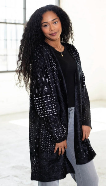 Long Sleeve Collarless Open Front Sweater Coat