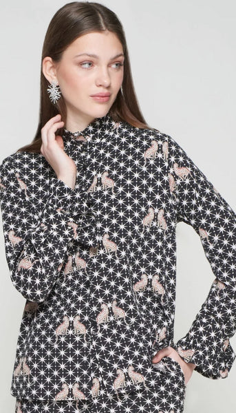 High Collar Blouse With Stars Leopard